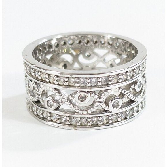 Size 8 Wide Silver Toned Simulated Diamond CZ Band Ring Filigree Infinity - Picture 1 of 9